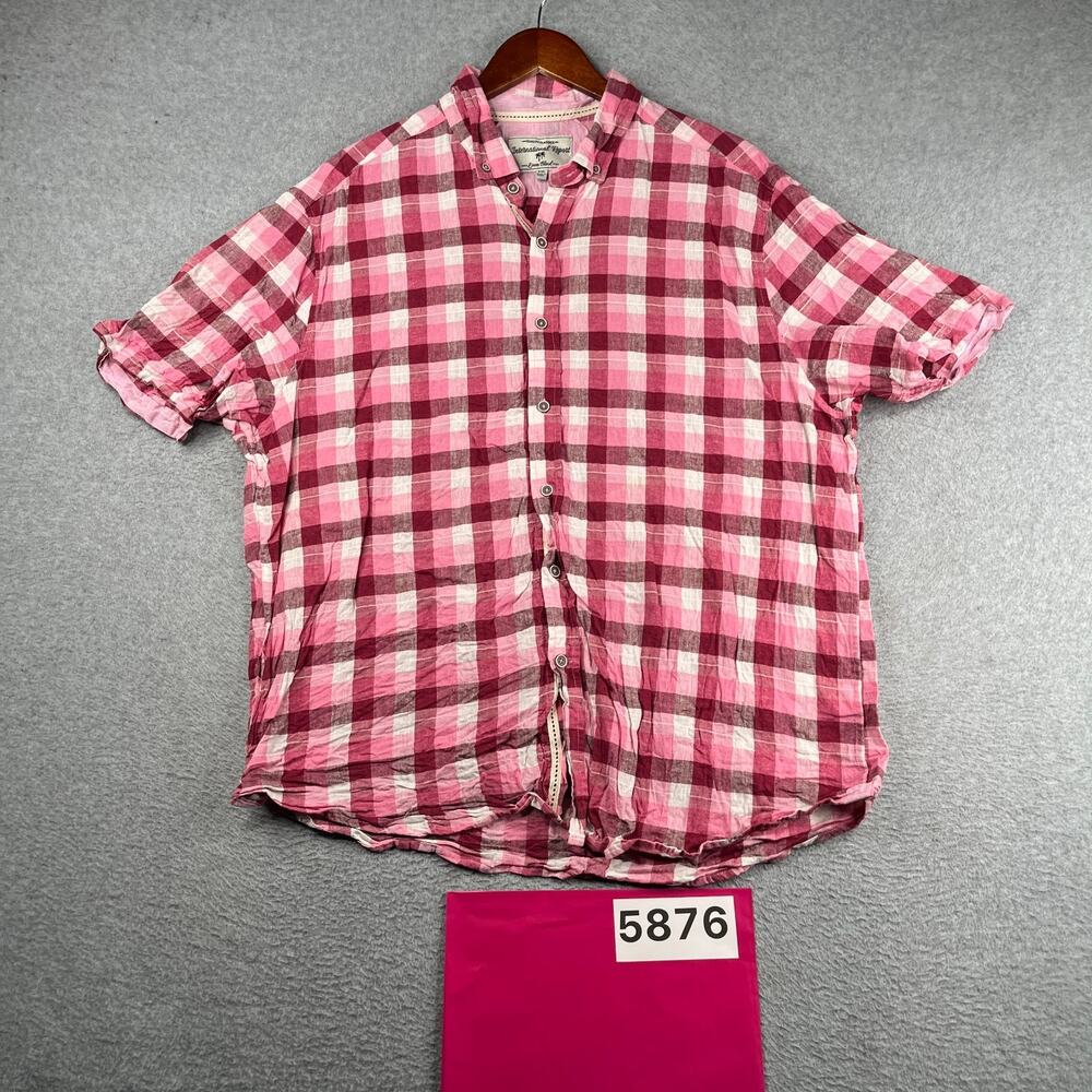 International Report Linen Blend Shirt Pink Red Check Button Up Short Sleeve 2XL